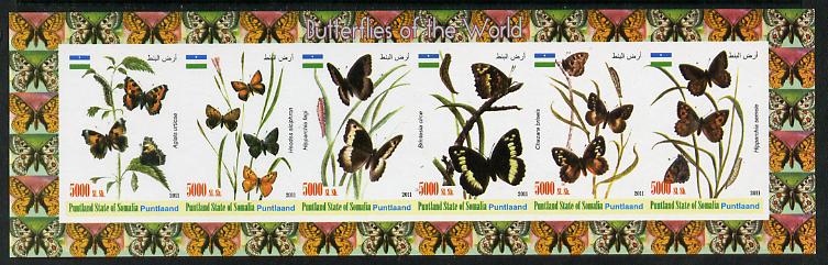 Puntland State of Somalia 2011 Butterflies of the World #2 imperf sheetlet containing 6 values unmounted mint, stamps on , stamps on  stamps on butterflies