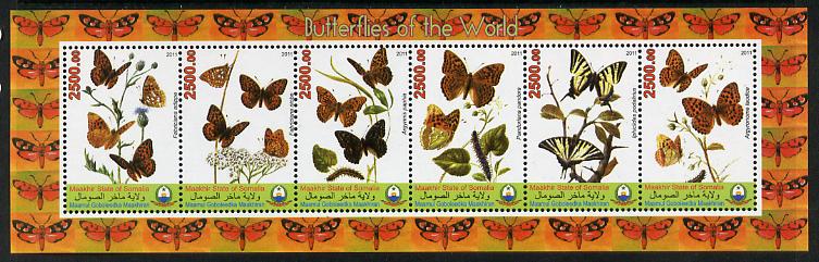 Puntland State of Somalia 2011 Butterflies of the World #4 perf sheetlet containing 6 values unmounted mint, stamps on , stamps on  stamps on butterflies