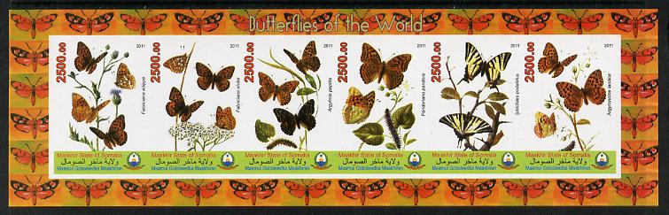 Puntland State of Somalia 2011 Butterflies of the World #4 imperf sheetlet containing 6 values unmounted mint, stamps on butterflies