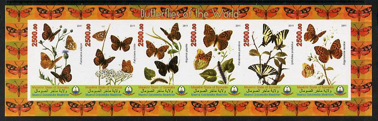 Puntland State of Somalia 2011 Butterflies of the World #4 imperf sheetlet containing 6 values unmounted mint, stamps on , stamps on  stamps on butterflies