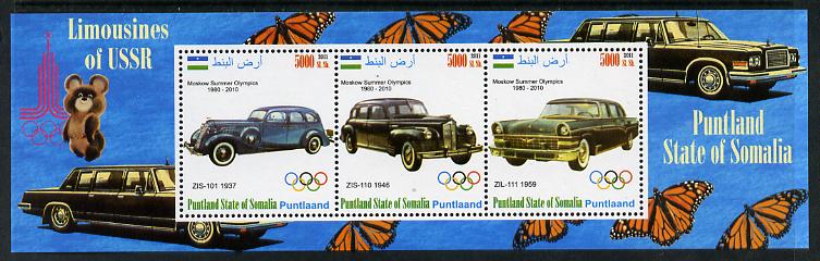 Puntland State of Somalia 2011 Limousines of the USSR #1 perf sheetlet containing 3 values (Butterflies & Mosco Olympic Logo in margin) unmounted mint, stamps on cars, stamps on butterflies, stamps on olympics