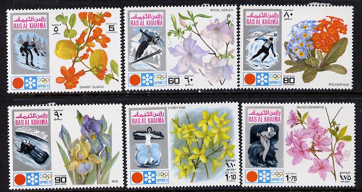 Ras Al Khaima 1972 Winter Olympics (Flowers) perf set of 6 unmounted mint (Mi 607-12A) , stamps on flowers, stamps on sport, stamps on olympics, stamps on bobsled, stamps on skiing, stamps on skating, stamps on iris, stamps on forsythia, stamps on rhododendron, stamps on azalea, stamps on polyanthus, stamps on quince