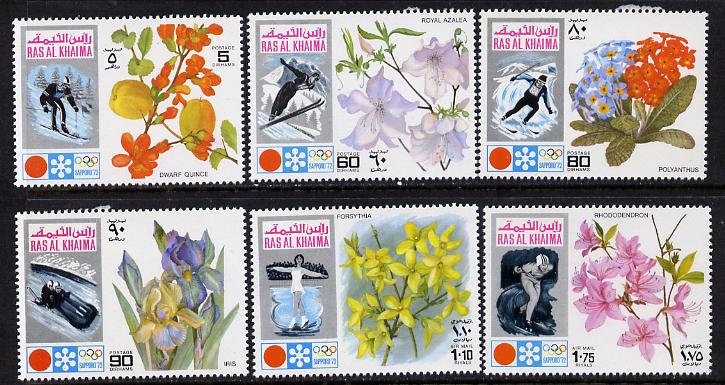 Ras Al Khaima 1972 Winter Olympics (Flowers) perf set of 6 unmounted mint (Mi 607-12A) , stamps on , stamps on  stamps on flowers, stamps on  stamps on sport, stamps on  stamps on olympics, stamps on  stamps on bobsled, stamps on  stamps on skiing, stamps on  stamps on skating, stamps on  stamps on iris, stamps on  stamps on forsythia, stamps on  stamps on rhododendron, stamps on  stamps on azalea, stamps on  stamps on polyanthus, stamps on  stamps on quince