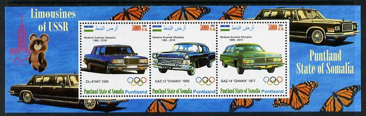 Puntland State of Somalia 2011 Limousines of the USSR #2 perf sheetlet containing 3 values (Butterflies & Mosco Olympic Logo in margin) unmounted mint, stamps on , stamps on  stamps on cars, stamps on  stamps on butterflies, stamps on  stamps on olympics