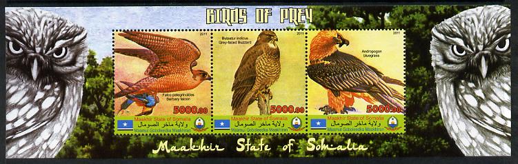 Maakhir State of Somalia 2011 Birds of Prey #1 perf sheetlet containing 3 values unmounted mint, stamps on , stamps on  stamps on birds, stamps on  stamps on birds of prey, stamps on  stamps on owls