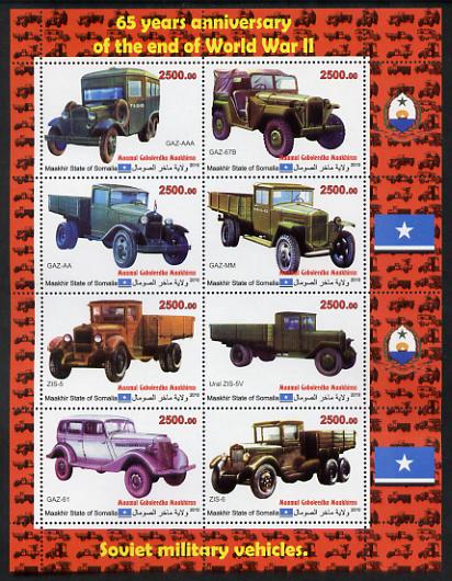 Maakhir State of Somalia 2010  65th Anniversary of the end of World War II #1 - Cars & Trucks imperf sheetlet containing 8 values unmounted mint , stamps on , stamps on  stamps on cars, stamps on  stamps on trucks, stamps on  stamps on  ww2 , stamps on  stamps on transport