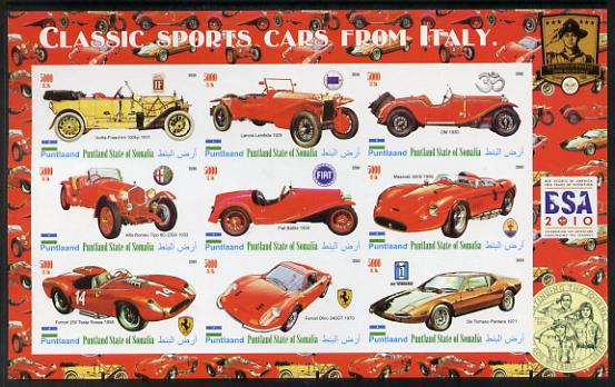 Puntland State of Somalia 2010 Classic Sports Cars of Italy with Scouts Logos imperf sheetlet containing 9 values unmounted mint, stamps on cars, stamps on scouts, stamps on lancia, stamps on fiat, stamps on alfa romeo, stamps on maserati, stamps on ferrari, stamps on de tomaso, stamps on 