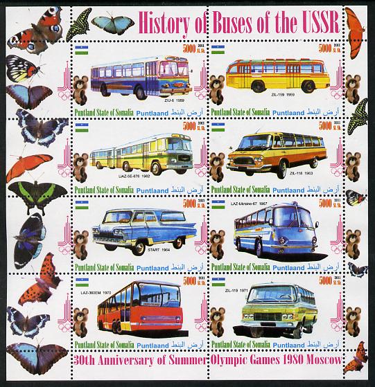 Puntland State of Somalia 2011 Buses of the USSR #1 perf sheetlet containing 8 values (Butterflies & Mosco Olympic Logo in margin) unmounted mint, stamps on , stamps on  stamps on butterflies, stamps on  stamps on olympics, stamps on  stamps on buses, stamps on  stamps on transport