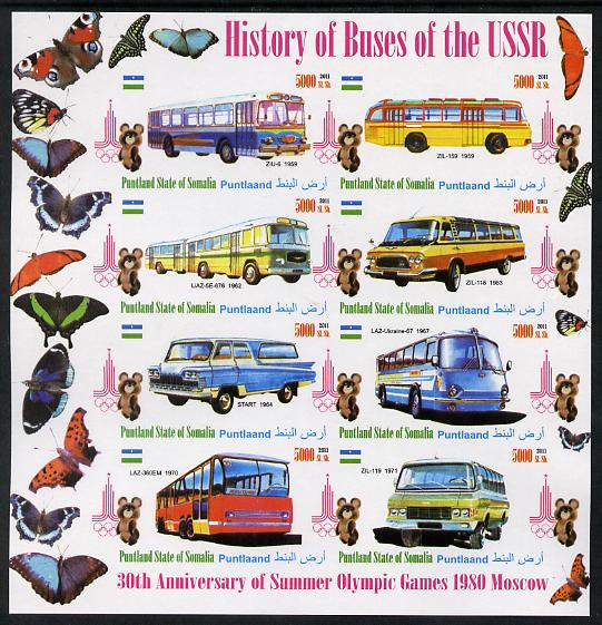 Puntland State of Somalia 2011 Buses of the USSR #1 imperf sheetlet containing 8 values (Butterflies & Mosco Olympic Logo in margin) unmounted mint, stamps on , stamps on  stamps on butterflies, stamps on  stamps on olympics, stamps on  stamps on buses, stamps on  stamps on transport