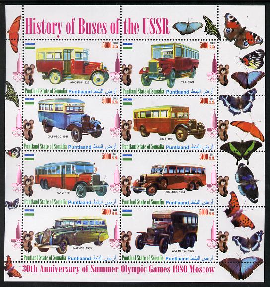 Puntland State of Somalia 2011 Buses of the USSR #3 perf sheetlet containing 8 values (Butterflies & Mosco Olympic Logo in margin) unmounted mint, stamps on , stamps on  stamps on butterflies, stamps on  stamps on olympics, stamps on  stamps on buses, stamps on  stamps on transport