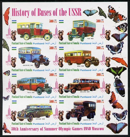 Puntland State of Somalia 2011 Buses of the USSR #3 imperf sheetlet containing 8 values (Butterflies & Mosco Olympic Logo in margin) unmounted mint, stamps on , stamps on  stamps on butterflies, stamps on  stamps on olympics, stamps on  stamps on buses, stamps on  stamps on transport