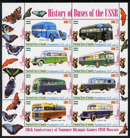 Puntland State of Somalia 2011 Buses of the USSR #4 perf sheetlet containing 8 values (Butterflies & Mosco Olympic Logo in margin) unmounted mint, stamps on , stamps on  stamps on butterflies, stamps on  stamps on olympics, stamps on  stamps on buses, stamps on  stamps on transport