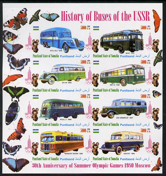Puntland State of Somalia 2011 Busss of the USSR #4 imperf sheetlet containing 8 values (Butterflies & Mosco Olympic Logo in margin) unmounted mint, stamps on , stamps on  stamps on butterflies, stamps on  stamps on olympics, stamps on  stamps on buses, stamps on  stamps on transport