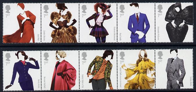 Great Britain 2012 Great British Fashion perf set of 10 (2 se-tenant strips of 5) unmounted mint, stamps on personalities, stamps on dickens, stamps on literature
