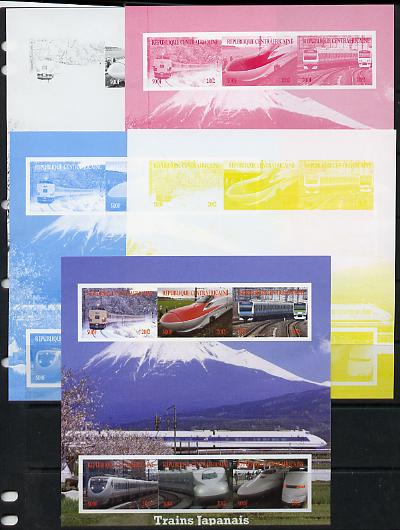 Central African Republic 2012 Japanese Trains sheetlet containing 6 values - the set of 5 imperf progressive proofs comprising the 4 individual colours plus all 4-colour composite, unmounted mint , stamps on , stamps on  stamps on railways