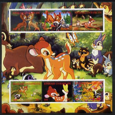 Central African Republic 2012 Bambi & Butterflies perf sheetlet containing 6 values unmounted mint. Note this item is privately produced and is offered purely on its thematic appeal, stamps on disney, stamps on butterflies, stamps on deer, stamps on 