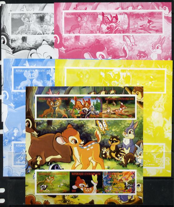 Central African Republic 2012 Bambi & Butterflies sheetlet containing 6 values - the set of 5 imperf progressive proofs comprising the 4 individual colours plus all 4-col..., stamps on disney, stamps on butterflies, stamps on deer, stamps on 