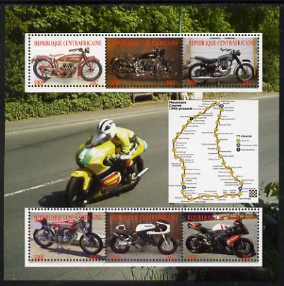 Central African Republic 2012 Motorbikes perf sheetlet containing 6 values unmounted mint. Note this item is privately produced and is offered purely on its thematic appeal, stamps on , stamps on  stamps on motorbikes, stamps on  stamps on transport, stamps on  stamps on maps