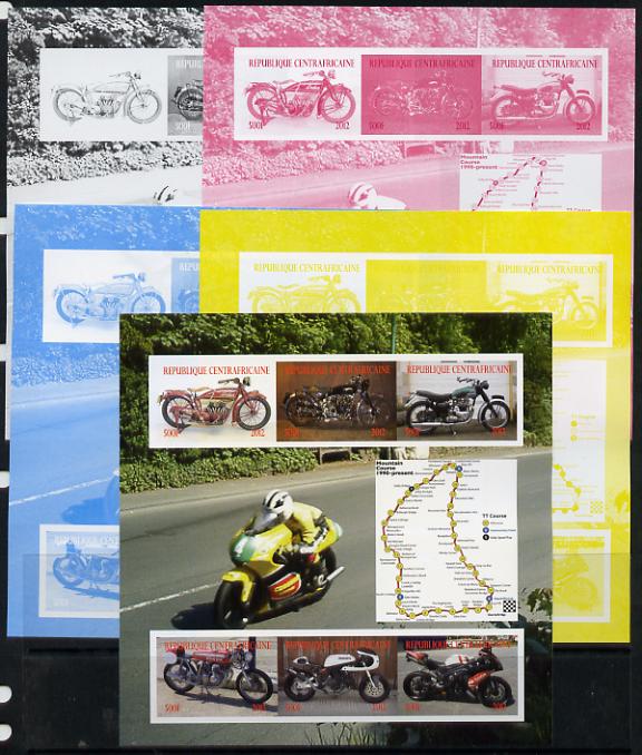 Central African Republic 2012 Motorbikes sheetlet containing 6 values - the set of 5 imperf progressive proofs comprising the 4 individual colours plus all 4-colour composite, unmounted mint , stamps on motorbikes, stamps on transport, stamps on maps