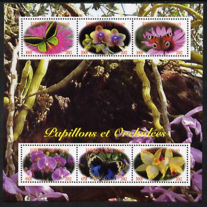 Chad 2012 Orchids & Butterflies perf sheetlet containing 6 values unmounted mint. Note this item is privately produced and is offered purely on its thematic appeal, stamps on , stamps on  stamps on flowers, stamps on  stamps on orchids, stamps on  stamps on butterflies, stamps on  stamps on 