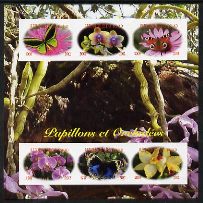 Chad 2012 Orchids & Butterflies imperf sheetlet containing 6 values unmounted mint. Note this item is privately produced and is offered purely on its thematic appeal. . appeal, stamps on flowers, stamps on orchids, stamps on butterflies, stamps on 