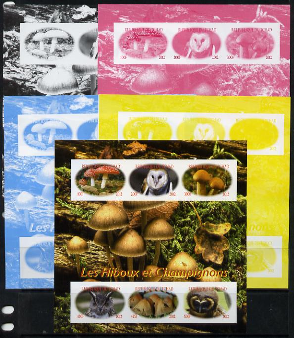 Chad 2012 Owls & Mushrooms sheetlet containing 6 values - the set of 5 imperf progressive proofs comprising the 4 individual colours plus all 4-colour composite, unmounted mint , stamps on , stamps on  stamps on fungi, stamps on  stamps on birds, stamps on  stamps on birds of prey, stamps on  stamps on owls