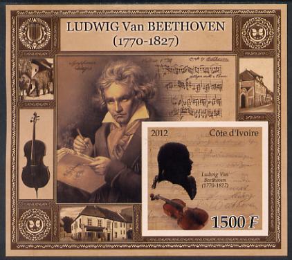 Ivory Coast 2012 Ludwig Van Beethoven large perf s/sheet unmounted mint, stamps on , stamps on  stamps on personalities, stamps on  stamps on beethoven, stamps on  stamps on opera, stamps on  stamps on music, stamps on  stamps on composers, stamps on  stamps on deaf, stamps on  stamps on disabled, stamps on  stamps on masonry, stamps on  stamps on masonics