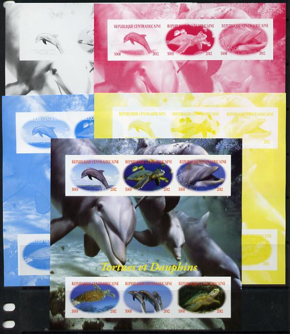 Central African Republic 2012 Turtles & Dolphins sheetlet containing 6 values - the set of 5 imperf progressive proofs comprising the 4 individual colours plus all 4-colour composite, unmounted mint , stamps on , stamps on  stamps on marine life, stamps on  stamps on turtles, stamps on  stamps on dolphins