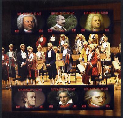Chad 2012 Classical Composers imperf sheetlet containing 6 values unmounted mint. Note this item is privately produced and is offered purely on its thematic appeal, stamps on personalities, stamps on bach, stamps on music, stamps on composers, stamps on organ, stamps on beethoven, stamps on opera, stamps on music, stamps on deaf, stamps on disabled, stamps on masonry, stamps on masonics, stamps on mozart, stamps on 