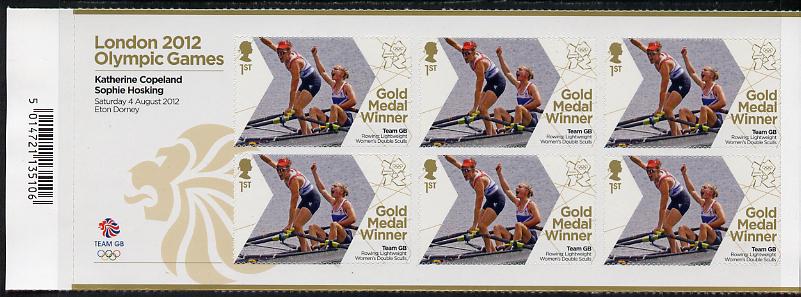 Great Britain 2012 London Olympic Games Team Great Britain Gold Medal Winner #10 - Katherine Copeland & Sophie Hosking (Rowing Women's Sculls) self adhesive sheetlet containing 6 x first class values unmounted mint, stamps on olympics, stamps on self adhesive, stamps on london, stamps on rowing