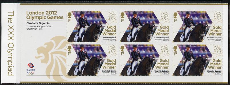 Great Britain 2012 London Olympic Games Team Great Britain Gold Medal Winner #23 - Charlotte Dujardin (Equestrian) self adhesive sheetlet containing 6 x first class values unmounted mint, stamps on olympics, stamps on self adhesive, stamps on london, stamps on horses, stamps on 