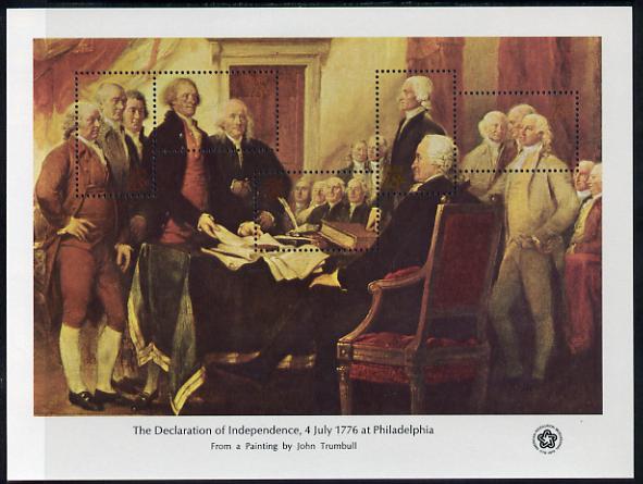 United States 1976 American Revolution Bicentenary (Interphil 76) 'Declaration of Independence' m/sheet of 5 unmounted mint, SG MS1666b, stamps on , stamps on  stamps on americana, stamps on  stamps on personalities, stamps on  stamps on stamp exhibitions