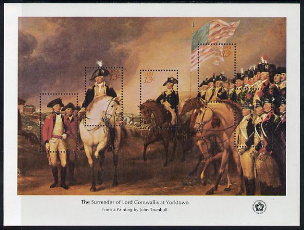 United States 1976 American Revolution Bicentenary (Interphil 76) 'Surrender of Cornwallis' m/sheet of 5 unmounted mint, SG MS1666a, stamps on , stamps on  stamps on americana, stamps on  stamps on personalities, stamps on  stamps on stamp exhibitions, stamps on  stamps on militaria, stamps on  stamps on horses