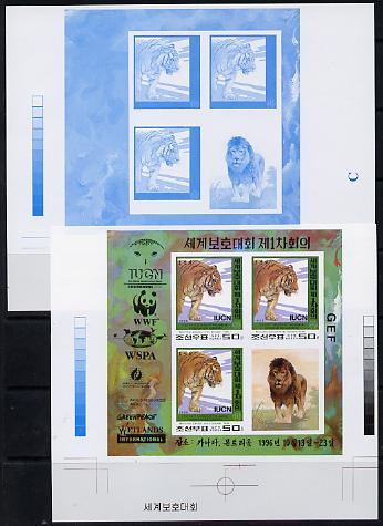 North Korea 1996 WWF World Conservation Union proof sheet  in blue only plus 4-colour composite both imperforate unmounted mint, as SG MS N3630, stamps on , stamps on  stamps on animals, stamps on  stamps on cats, stamps on  stamps on tigers, stamps on  stamps on lions, stamps on  stamps on  wwf , stamps on  stamps on 