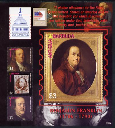 Antigua 2006 Washington International Stamp Exhibition perf sheetlet (Benjamin Franklin) unmounted mint, SG MS3975a, stamps on , stamps on  stamps on stamp exhibitions, stamps on  stamps on americana, stamps on  stamps on us presidents, stamps on  stamps on usa presidents, stamps on  stamps on stamp on stamp, stamps on  stamps on stampon