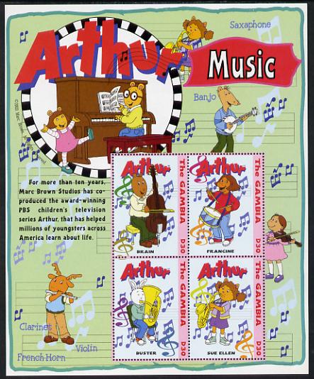 Gambia 2004 Arthur the Aardvark & Friends perf sheetlet of 4 (Brain playing cello) unmounted mint, SG MS4547, stamps on , stamps on  stamps on cartoons, stamps on  stamps on children, stamps on  stamps on music