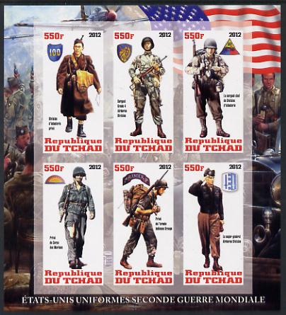 Chad 2012 Uniforms of the Second World War - USA imperf sheetlet containing 6 values unmounted mint, stamps on , stamps on  stamps on , stamps on  stamps on  ww2 , stamps on  stamps on militaria, stamps on  stamps on uniforms, stamps on  stamps on aviation, stamps on  stamps on flags, stamps on  stamps on cars