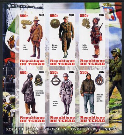 Chad 2012 Uniforms of the Second World War - Italy imperf sheetlet containing 6 values unmounted mint, stamps on , stamps on  stamps on , stamps on  stamps on  ww2 , stamps on  stamps on militaria, stamps on  stamps on uniforms, stamps on  stamps on 