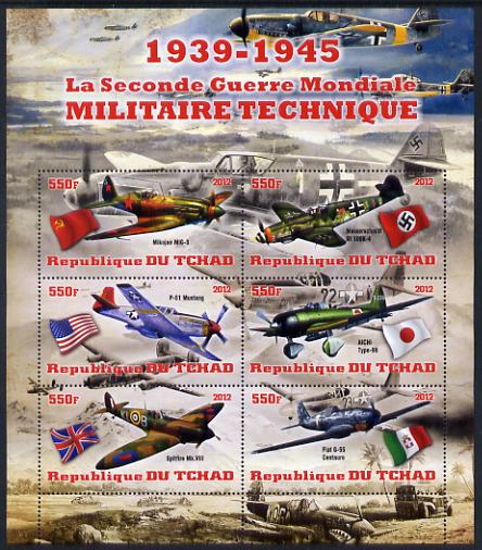 Chad 2012 Military Strength of the Second World War - Aircraft perf sheetlet containing 6 values unmounted mint, stamps on , stamps on  ww2 , stamps on militaria, stamps on aviation, stamps on spitfires