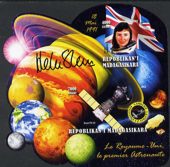 Madagascar 2012 First Astronauts in Space - Helen Sharman (UK) imperf sheetlet containing 2 values unmounted mint, stamps on personalities, stamps on space, stamps on astronauts, stamps on flags, stamps on minerals, stamps on planets, stamps on satellites, stamps on women