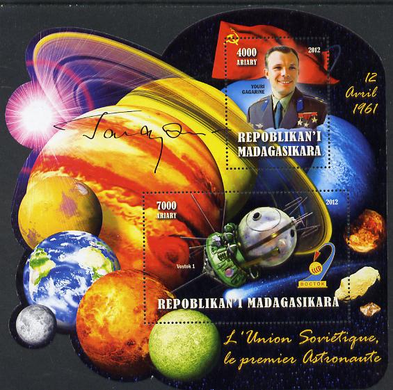 Madagascar 2012 First Astronauts in Space - Yuro Gagarin (USSR) perf sheetlet containing 2 values unmounted mint, stamps on personalities, stamps on space, stamps on astronauts, stamps on flags, stamps on minerals, stamps on planets, stamps on satellites, stamps on 