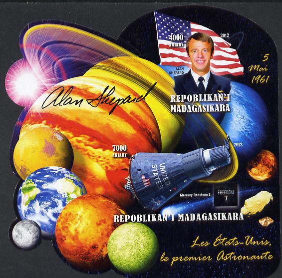 Madagascar 2012 First Astronauts in Space - Alan Shepard (USA) imperf sheetlet containing 2 values unmounted mint, stamps on personalities, stamps on space, stamps on astronauts, stamps on flags, stamps on minerals, stamps on planets, stamps on satellites, stamps on golf