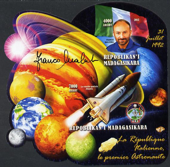 Madagascar 2012 First Astronauts in Space - Franco Malerba (Italy) imperf sheetlet containing 2 values unmounted mint, stamps on , stamps on  stamps on personalities, stamps on  stamps on space, stamps on  stamps on astronauts, stamps on  stamps on flags, stamps on  stamps on minerals, stamps on  stamps on planets, stamps on  stamps on satellites, stamps on  stamps on shuttle