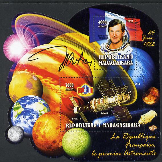 Madagascar 2012 First Astronauts in Space - Jean-Loup Chretien (France) perf sheetlet containing 2 values unmounted mint, stamps on personalities, stamps on space, stamps on astronauts, stamps on flags, stamps on minerals, stamps on planets, stamps on satellites, stamps on shuttle