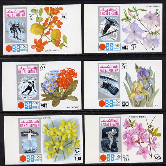 Ras Al Khaima 1972 Winter Olympics (Flowers) imperf set of 6 unmounted mint Mi 607-12B, stamps on , stamps on  stamps on flowers, stamps on  stamps on sport, stamps on  stamps on olympics, stamps on  stamps on bobsled, stamps on  stamps on skiing, stamps on  stamps on skating, stamps on  stamps on iris, stamps on  stamps on forsythia, stamps on  stamps on rhododendron, stamps on  stamps on azalea, stamps on  stamps on polyanthus, stamps on  stamps on quince
