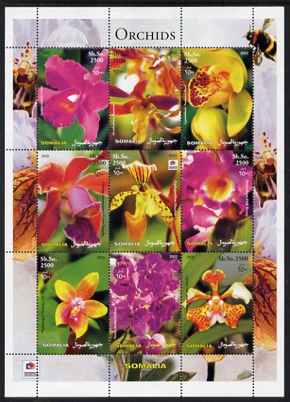 Somalia 2003 Orchids perf sheetlet containing 9 values (with Bee & Phila Korea imprint in border) unmounted mint. Note this item is privately produced and is offered purely on its thematic appeal , stamps on , stamps on  stamps on flowers, stamps on  stamps on orchids, stamps on  stamps on bees, stamps on  stamps on insects, stamps on  stamps on stamp exhibitions