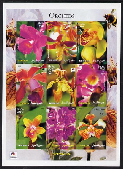 Somalia 2003 Orchids imperf sheetlet containing 9 values (with Bee & Phila Korea imprint in border) unmounted mint. Note this item is privately produced and is offered pu..., stamps on flowers, stamps on orchids, stamps on bees, stamps on insects, stamps on stamp exhibitions