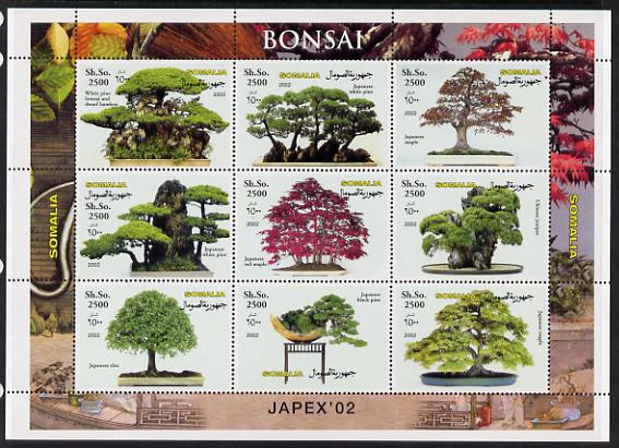 Somalia 2002 Japex 02 perf sheetlet containing 9 values (Bonsai) unmounted mint. Note this item is privately produced and is offered purely on its thematic appeal, it has..., stamps on flowers, stamps on trees, stamps on bonsai, stamps on stamp exhibitions