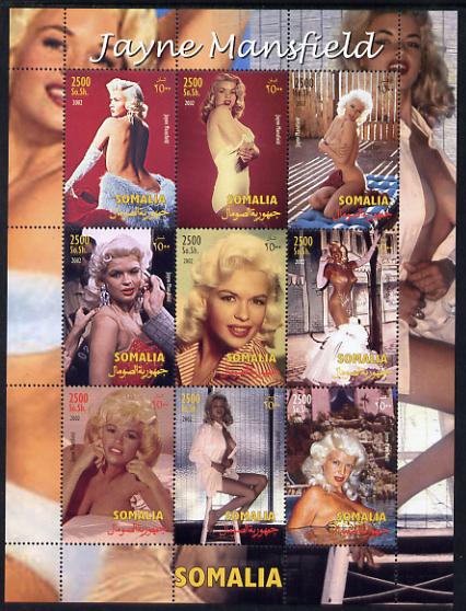 Somalia 2002 Jayne Mansfield perf sheetlet containing 9 values unmounted mint. Note this item is privately produced and is offered purely on its thematic appeal , stamps on , stamps on  stamps on personalities, stamps on  stamps on films, stamps on  stamps on cinema, stamps on  stamps on movies, stamps on  stamps on pin ups, stamps on  stamps on nudes, stamps on  stamps on women