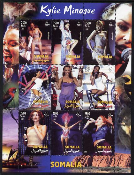 Somalia 2002 Kylie Minogue perf sheetlet containing 9 values unmounted mint. Note this item is privately produced and is offered purely on its thematic appeal , stamps on , stamps on  stamps on personalities, stamps on  stamps on music, stamps on  stamps on pin ups, stamps on  stamps on women